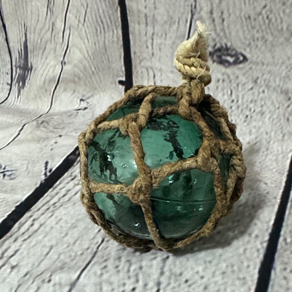 VTG Fishing Nautical 3” Green Glass Float with Original Rope Netting